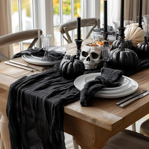 Artoid Mode Boho Käsetuch Gaze Schwarz Halloween Hochzeit Tischläufer 80x300 cm, Tisch Dekoration Party Geburtstag Valentinstag Babyparty Dekor