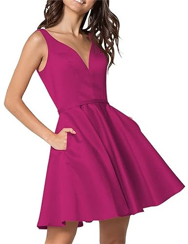 Vestido corto de regreso a casa, mini falda con cuello en V, sin mangas, vestidos de dama de honor para jóvenes con bolsillos, fucsia, 44