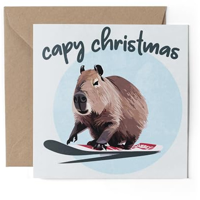 1 x Grußkarte – Merry Christmas Capy Xmas Snowboard Capybara Ski Skifahren Tiere Haustiere Festlich Winter Kinder Happy Aesthetic Art #81220