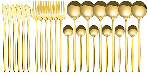 Aboiledy Lot de 24 couverts dorés pour 6 personnes - Ustensiles de cuisine en acier inoxydable doré - Couteaux fourchettes cuillères - Set de couverts dorés - Pour, la cuisine, le