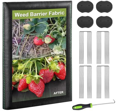 ZEAKKCEE 2M X 5M Weed Control Membrane, 90gsm Premium Heavy Duty Weed Barrier Landscape Fabric Mat, Ground Cover for Landscaping Patios Gardening Farming with 20 U-Shaped Securing Pegs Washers