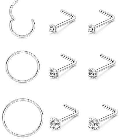 LOLIAS 9Pcs Nasenpiercing Chirurgenstahl Damen Herren 6/8/10MM 14K Silber Nasenpiercing Ring Nasenpiercing Stecker Septum Ringe Nose Nostril Piercing Nasenstecker Nasenring Piercing 20G