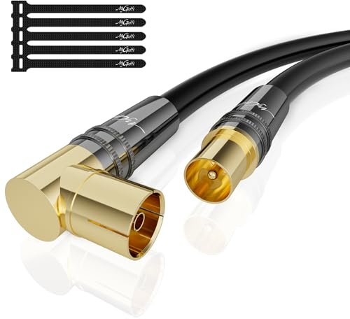 Mygatti Câble d'antenne 10 m RG6 mâle à femelle 90 °angulaire 4K, câble TV HD coaxial-75 Ohm-connecteurs en métal robuste doré, pour TV numérique et analogique, avec 5 colliers de câble