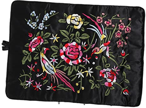 CALLARON Handgefertigte Bestickte Schmuckrolle Mit Blumenmotiv Schmuckbeutel Mit Bindeband Multifunktionale Kosmetiktasche Platzsparend Für Reisen Und Schmuckaufbewahrung Schwarz