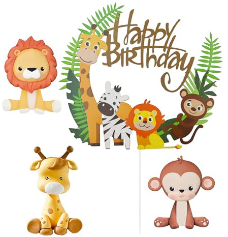 Animal Cake Toppers, 4 Pcs Happy Birthday Cake Toppers Decoration Jungle Animals Birthday Cake Decorations Animal Cupcake Toppers Giraffe Monkey Lion Cake Toppers for Birthday Shower Party Supplies