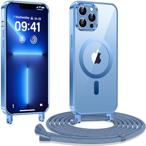 Kokio Handykette Hülle für iPhone 13 pro max mit Band, Magnetische Transparent Handyhülle Kompatibel mit MagSafe, Kratzfeste Stossfest Schutzhülle mit Einstellbar Kette,Blau