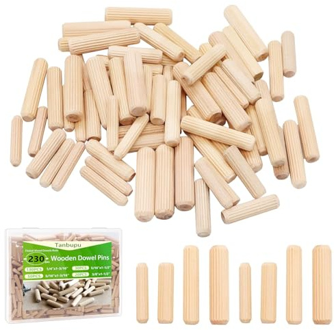 Tanbupu 230 Stück 1/4 3/8 5/16 Gemischte Holzstifte geriffelte Holzdübel Nutenstopfen Hartholzdübel für DIY Möbel DIY Handwerk Holzbearbeitung