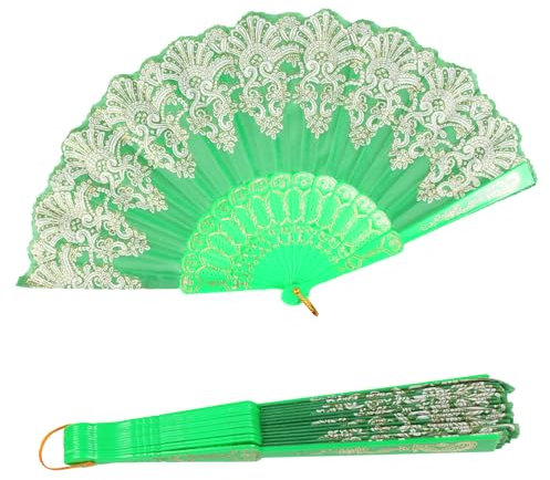 INNOLIFE Spanish Folding Retro Pattern Hand Fan for Women, Handheld Chinese Folding Fan Hand Fan for Party Dancing (Green)