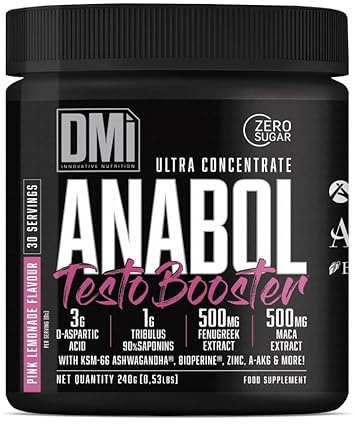 DMI INNOVATIVE NUTRITION Anabol Testo Booster Limonada Rosa 240g – Potenciador Natural de Testosterona con Ácido D-Aspártico, Tribulus, Maca, Ashwagandha KSM-66®, Zinc y BioPerine® – Sin Azúcar