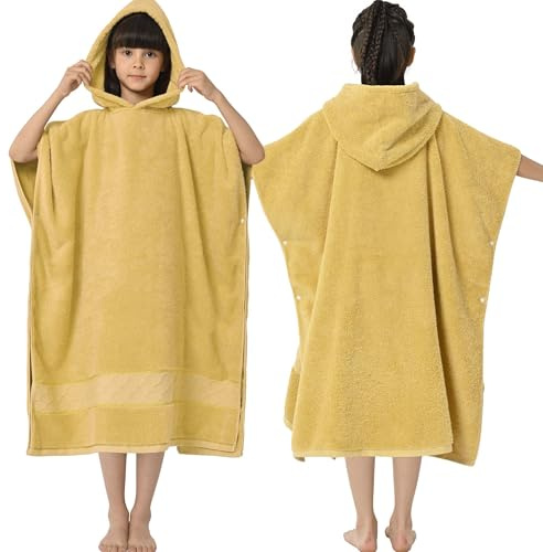 VOOVA & MOVAS Poncho Towels for Kids(8-14Years),Oversized 100% Cotton Thick (600GSM) Absorbent Bath Robe for Boy | Girl | Teens, Perfect for Swimming | Bathing | Beach | Gifts,Gold