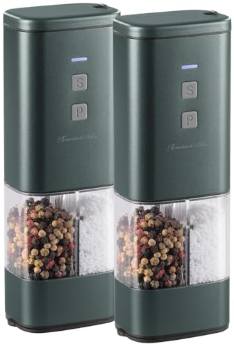 Rosenstein & Söhne Kombinierte Gewürzmühle: 2er Set 2in1-Akku-Salz- und Pfeffermühle mit Keramik-Mahlwerk (Gewürzmühle elektrisch Profi, Elektrische Pfeffer und Salzmühle, BBQ)