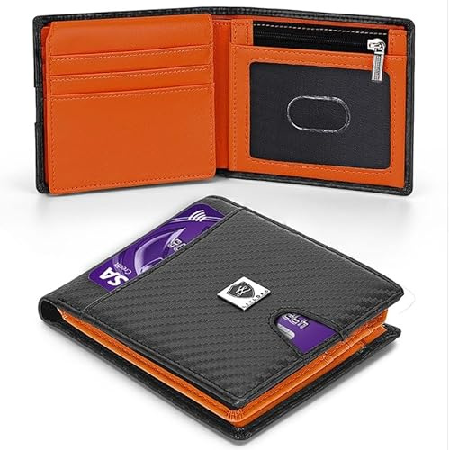 LIVLOKO London RFID Wallet for Men, Slim Carbon Fibre Wallet with Coin Pocket, Anti-Theft Card Holder, Ideal Birthday Gift for Dad, Boyfriend, Secure & Stylish Black & Orange Design
