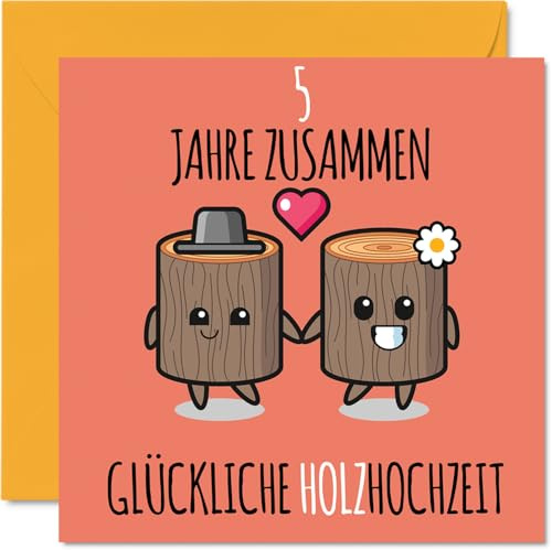Stuff4 5. Hochzeitstag Karte Liebe - 5 Jahre Zusammen Holz Hochzeit - 5 Jahrestag Karte Hochzeitstag Geschenke für Freunde Familie vom Freundinnen Kollegen, 145mm Glückwunschkarten