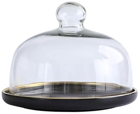 Gaxcent Kuchenhaube Keramik Kuchenplatte Glas, Kuchenglocke Ständer Tortenständer Glashaube Lebensmittel Abdeckung Für Hochzeit Geburtstag Party,Schwarz,15cm