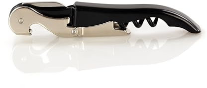 Qpractiko | Sacacorchos camarero | Negro, acero inoxidable | Espiral de teflón antiadherente, cuchilla sierra, abridor chapas | Extracción suave y precisa para vino y botellas