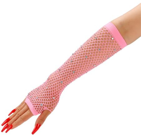 6 Paar Strass Fingerlose Netzhandschuhe Damen FischHandschuhe Netzärmel Fishnet Gloves Rock Handschuhe Armstulpen Opernhandschuhen Spitzenhandschuhe für Hochzeiten Opern Dinnerpartys Prom (Pink)
