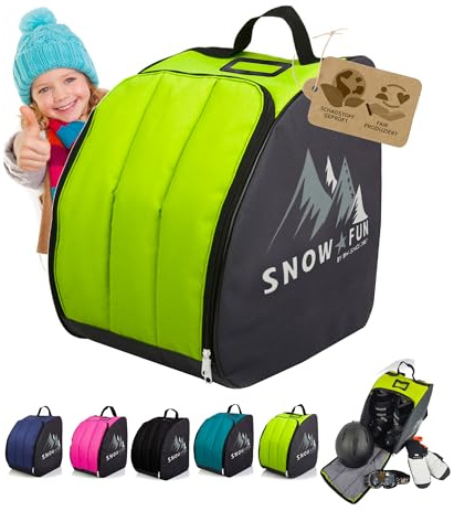 BAMBINIWELT Kinder Skistiefeltasche - Ski-Schuh-Tasche Rucksack m. integrierter Standfläche - Skischuhrucksack aus robustem Cordura - Platz für Boots, Helm, Skibrille & Handschuhe (schwarz/hellgrün)