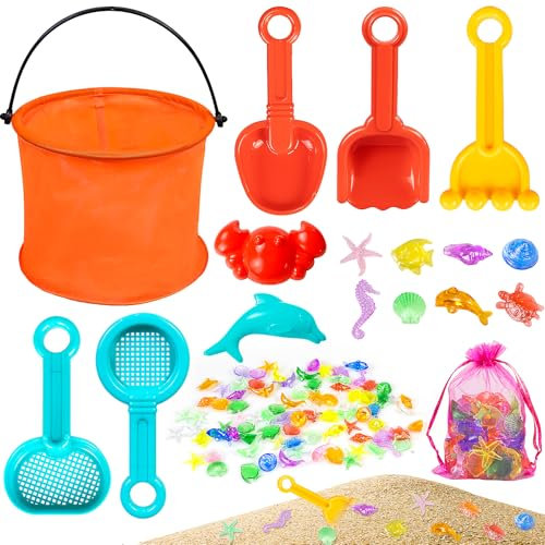 Kids Beach Toys Set, Sand Pit Toys Shovel Beach Set with Foldable Bucket Mesh Bag 90 Pcs Ocean Animal Molds - Outdoor Sand & Water Play for Boys Girls