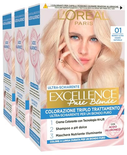 L'Oréal Paris Excellence Pure Blonde 01, ultrahelles, natürliches Blond, Dreifachfärbung, deckt 100 % weißes Haar ab, langanhaltend und ultrascharf, 3 Farben