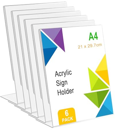 Yeqqzq 6 Pcs A4 Acrylic Sign Holder, Clear Poster Menu Holder, L-Shape Display Stands, Clear Plastic Display Holders Stands for Table Restaurant Hotel Documents Office