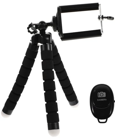 Housoutil Trépied Appareil Photo en Acier Inoxydable, Mini Support de Téléphone Portable Mousse Antidérapante, Télécommande Incluse, Stable et Portable pour Bureau et Voyage, Noir