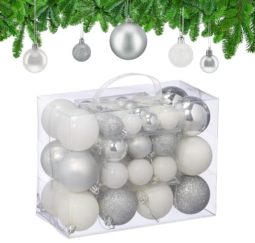 Relaxdays Weihnachtskugeln Set, Weihnachtsdeko, matt, glänzend, glitzernd, Christbaumkugeln ∅ 3, 4 & 6 cm, Silber/weiß | glänzend, glitzernd, Baumkugeln ∅ 3, 4 & 6 cm