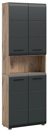 xonox.home – Hochschrank breit Ice 60x185x30 cm in Korpus Nox Oak Nachbildung und Front schwarz matt – Breiter Badschrank Schrank in Holzoptik – stilvoll & funktional