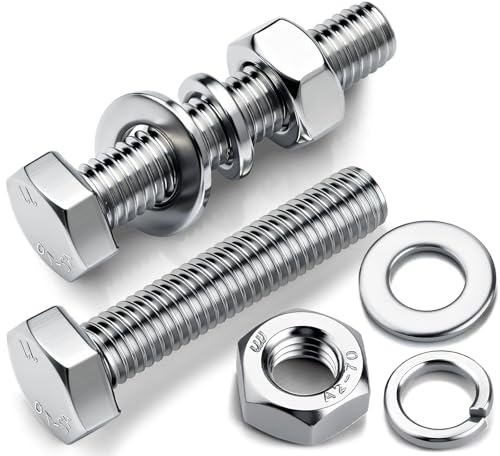 qjuwhua 8 Sets M10 Hex Bolts and Nuts with Flat & Lock Washers M10x30mm 304 Stainless Steel Hex Head Screw Bolt Kit Fully Threaded Machine Screws for Machinery