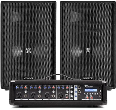 Vonyx 12 Passive PA Speaker System with Powered Mixer – Complete Band PA System for Church, Singers, Small Events, Bluetooth, 4 Channels, Cables Included