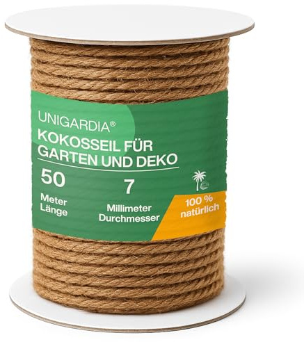 UNIGARDIA Kokosseil für Pflanzen, Kokosstrick für Bäume, Dicke 7 mm, 50 m | 100 % Naturband für Dekoration & Kokosfaser für Kratzbäume, Kokosschnur als Baumbinder, Rankhilfe, Gartenschnur