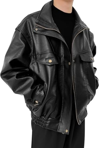 SimidunEUR Giacca in Similpelle Vintage da Uomo Giubbotto in Pelle Sintetica Oversize, Spalle Cadenti, Calda e Antivento,Nero,3XL