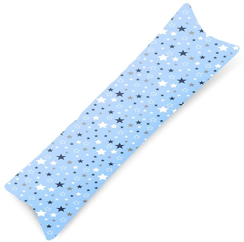 PinkZebra Kopfkissenbezug Seitenschlafkissen 40 x 145 cm aus 100% Baumwolle, Kissenhülle Kinder & Erwachsene, Öko-tex, Kissenbezug mit Reißverschluss, Blaue Sterne