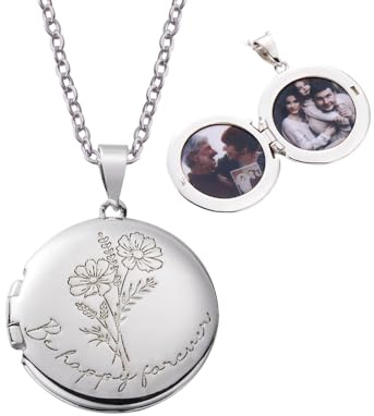 GSTFY Personalisierte Foto-Halskette mit 1-2 Bildern & Text Sterlingsilber/Messing Benutzerdefinierte Geburtsmonat Blumenketten Herz Gravur Medaillon Halskette Geburtstag Schmuck Geschenke für Frauen