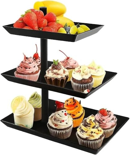 SVUPUE 360° Rotierend Kuchenschale Snackhalter Ausziehbar,Servierplatte Metall Dessert Tisc,Schwarz 3 Etagen Drehbar Obst Tortenständer,für Party Hochzeit Büro