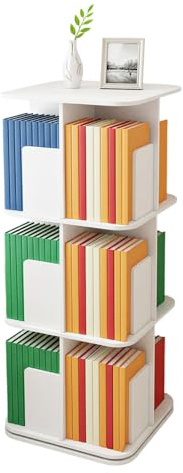 ClearFragrans Drehbares Bücherregal 360 Grad, 3 Ebenen 12 Fächer, Bodenstehendes Lagerregal, Standregal, Drehregal, Bücherschrank, Dekoregal, für Wohnzimmer, Arbeitszimmer, Büro, Weiß