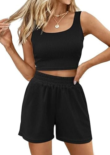 Yutdeng Ensemble 2 Pièces Femme Été Tricot Côtelé Débardeur Crop Top sans Manches et Short avec Poches Tenue Décontracté Survêtements de Sport Sportswear Ensemble Gym Yoga Fitness Outfit