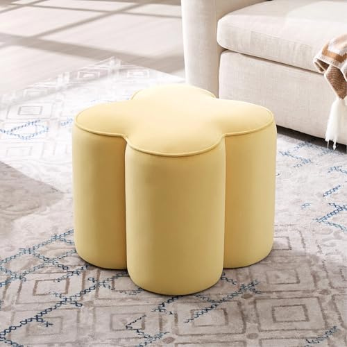 Zesthouse Flower Pouf Ottoman Foot Rest, Velvet Fabric Poofy Ottoman Footstool for Couch Sofa, Modern Living Room Stool Seat for Under Entry Table, Cute Square Vanity Stool for Bedroom Dorm, Yellow