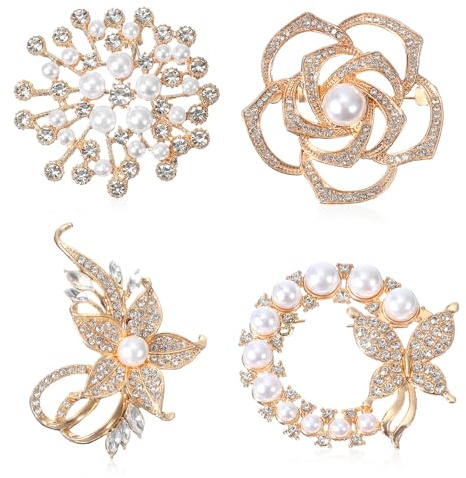 Shimmeroo Lot de 4 broches brochées en forme de fleur avec strass et perles dorées pour femme