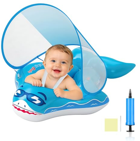 Qingning Flotador Bebe con Sombrilla Desmontable, Flotador de Piscina Hinchable con Asiento para Bebés 3-36 Meses, Flotador Infantil con Toldo para Piscina, Baby Pool Swimming Float