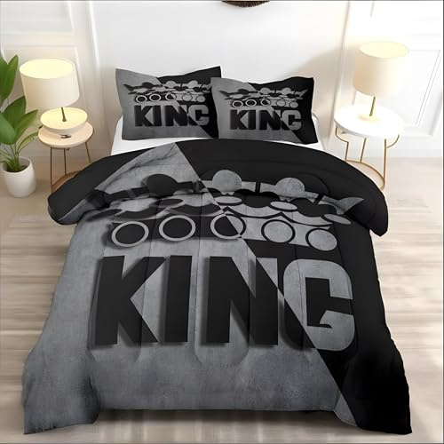 Piumino Matrimoniale Corona Nera e Grigia Trapunte Stile Retrò Piumone Imbottito Resistente Lavabile, Super Morbida Trapunta, Piumini 200x200 cm in Microfibra Reversibile e 2 Federa 50x80 cm L346
