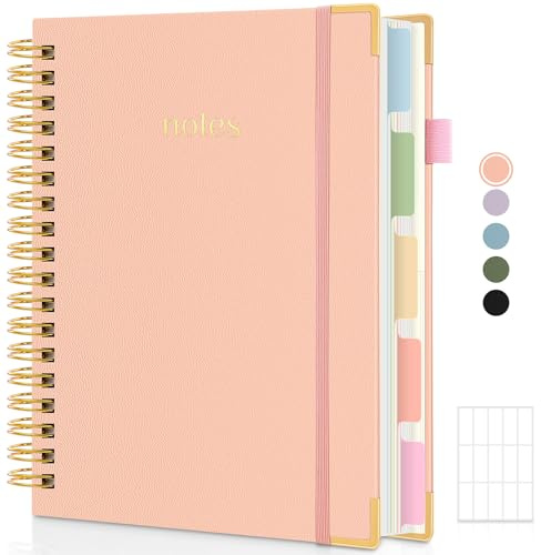 SKYDUE Anteckningsbok A5, spiral, anteckningsbok med register, 300 sidor | Anteckningsbok A5 linjerad för arbetsplatsen, notebook med register och ficka, anteckningsblock etiketter (rosa) 25,8 x 20,5