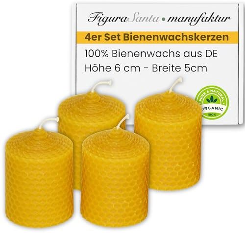 Figura Santa® Bienenwachskerzen Adventskerzen 4er Set Kerzen Adventskranz Stumpenkerzen aus 100% Bienenwachs-Platten Weihnachtskerzen | Größe: 6 x 5 cm Brennndauer ca. 9 h