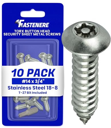 Fastenere Torx Security Sheet Metal Screws - #14 x 3/4 (10-Pack) Button Head, Tamper-Resistant, Anti Theft Stainless Steel Screws for Higher Level of Safety & Secure Fastening Solution