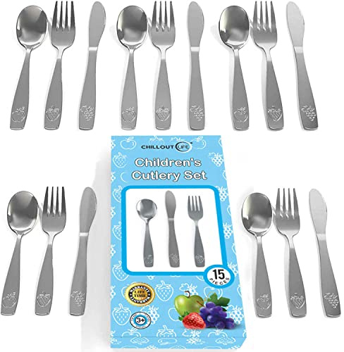 CHILLOUT LIFE Stainless Steel Kids Silverware Set 15 Pieces - Child and Toddler Safe Flatware - Kids Utensil Set - Metal Kids Cutlery Set Includes 5 Small Kids Spoons, 5 Forks & 5 Knives