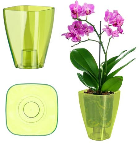 KADAX blomkruka, smal orkidékruka, enkel planteringskruka, blomkruka för orkidé, näbbört, tusensköna, ytterkruka för kök och vardagsrum (⌀ 9 cm, fyrkantig, grön)