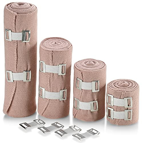 Bandage de compression élastique - Qualité supérieure (lot de 4) avec 4 crochets supplémentaires, rouleaux de soutien pour les sports athlétiques pour les chevilles, les poignets et les bras