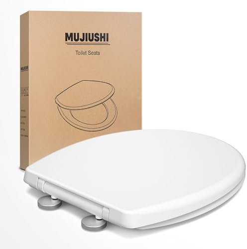 Sedile WC, MUJIUSHI Copriwater Universale O Forma con Chiusura Ammortizzata, montaggio rapido a 1 bottoni e cerniere in acciaio inox, Sistema di Fissaggio Aggiustabile, facile da installare e pulire