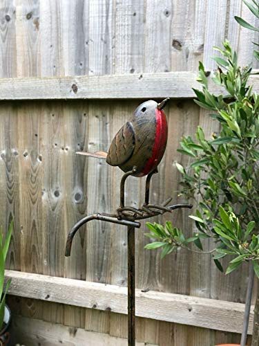 Robin on Stick | Metal Tin British Garden Bird Animal Statue Ornament Figure