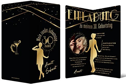 10 x Frauen Geburtstag Einladungskarten Text und Foto individuell selbst gestalten DIN Lang Klappkarten - Golden 20s