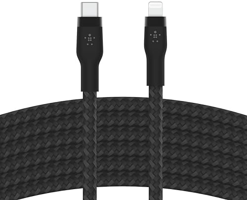 Belkin BoostCharge Pro Flex geflochtenes USB-C/Lightning-Kabel, 2 m, MFi-zertifiziert, 20 W, zum Schnellladen mit PD Power Delivery für Geräte wie iPhone 14/14 Plus, 13, 12, Pro, Max, mini – Schwarz